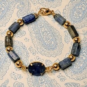 Natural Blue Kyanite Iridiscent Stones In Gold Plated Artisan Bracelet